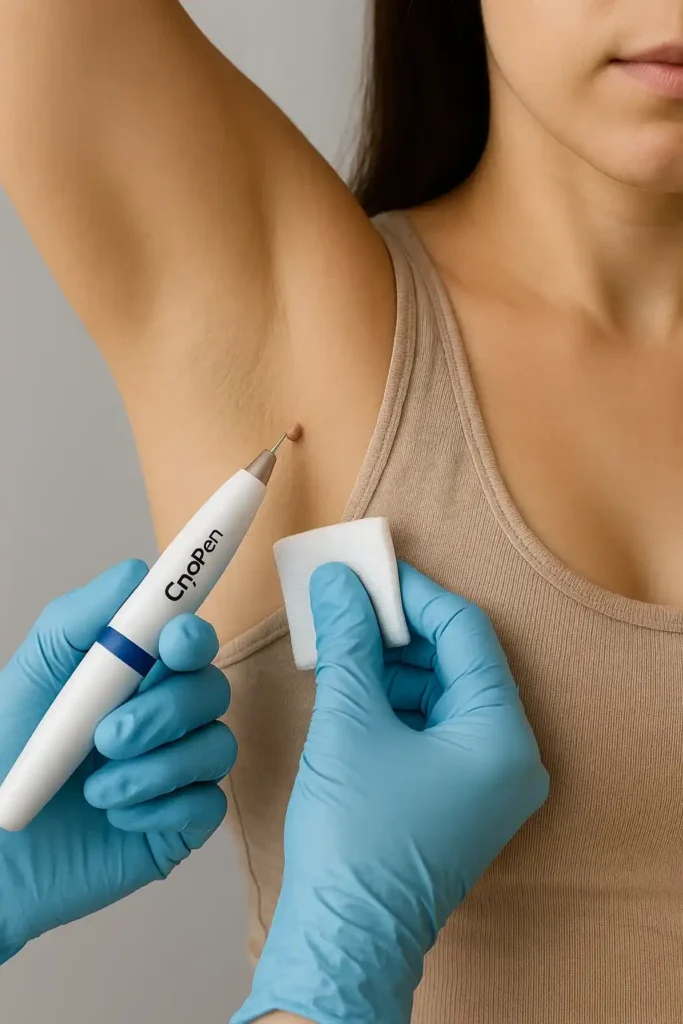 woman having cryopen to remove underarm skin tags Paisley
