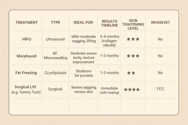Table showing the comparisons of Skin tightening Paisley treatment options.